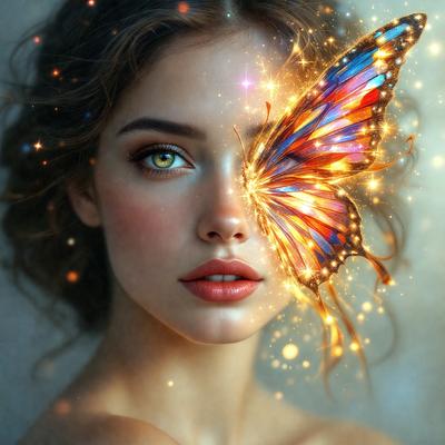 The primary subject of the image is a woman with a butterfly on her face. The butterfly is a prominent feature, covering a significant portion of her face. The setting appears to be a studio or a similar environment, as the woman is posing for the picture. The visual style of the image is a combination of photo and digital art, creating a unique and eye-catching portrait. The colors and mood of the image are vibrant and lively, with the butterfly adding a touch of whimsy